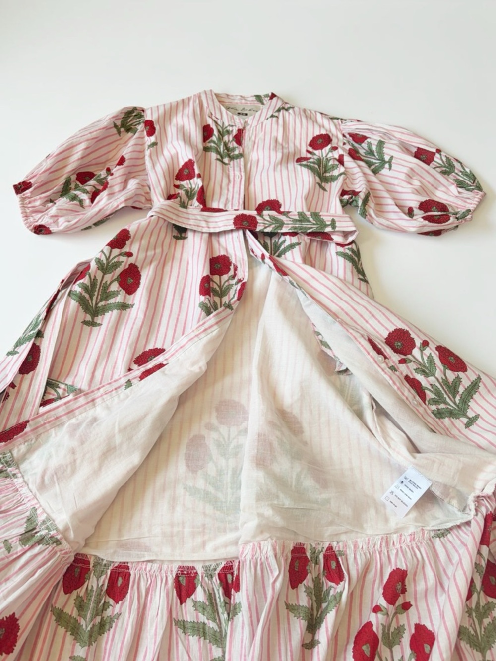 Fox & Hen Pink Floral-Striped Midi Shirt Dress Puff Sleeves Tie Waist Size XS - Picture 8 of 12